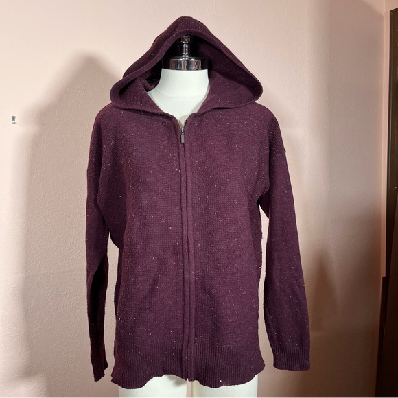 C&C California Burgundy Plum Purple red Wool hooded zip front Cardigan Sweater - Picture 3 of 15